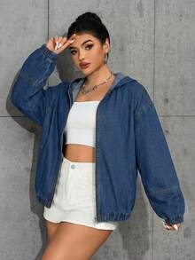 StreetHx Women's Solid Color Drop Shoulder Long Sleeve Fashionable Loose Denim Jacket - Dark Wash - View 6