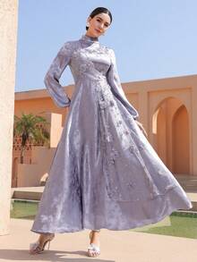 Graceveil 女士优雅提花长袖收腰喇叭阿拉伯风格连衣裙 - 灰色 - 查看 3