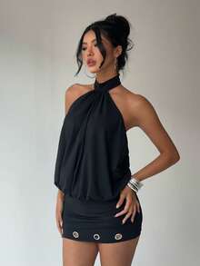 Aloruh Women's Fashionable Sexy Keyhole Backless Mini Dress, Summer - Black - View 1