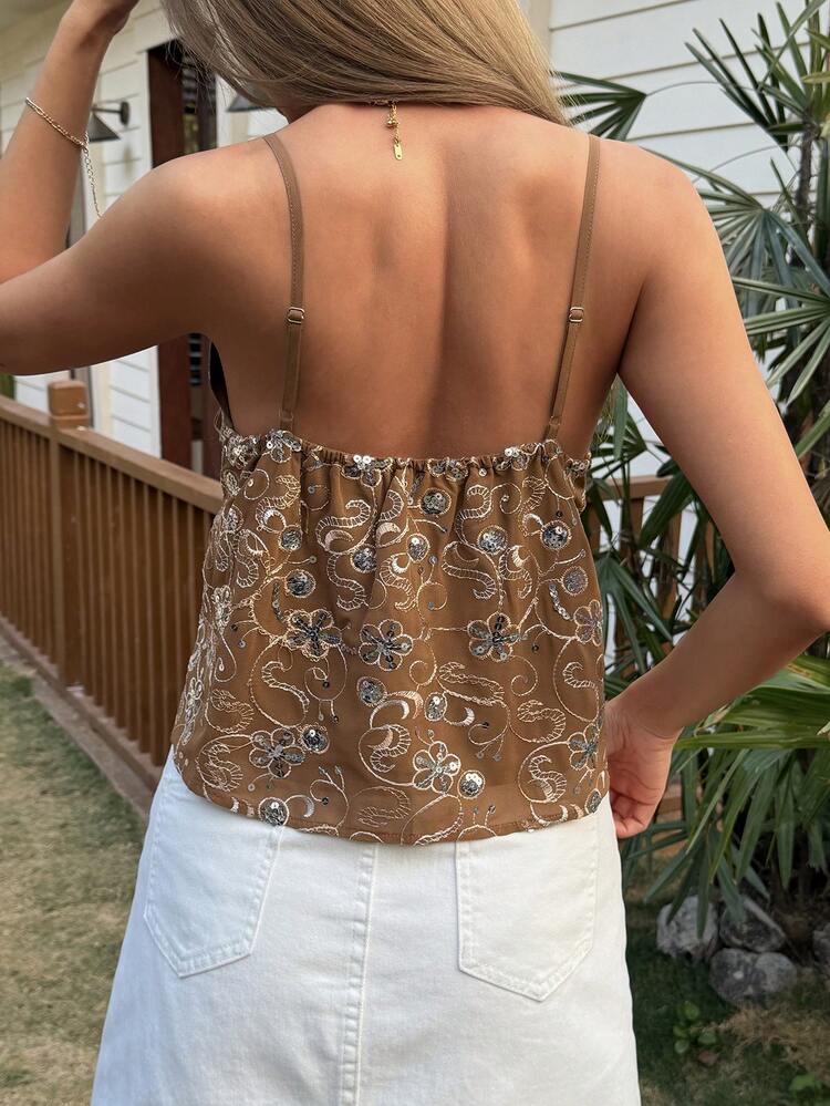 Summer Spaghetti Strap Women Tank Top, Coffee Brown Crop Tops Women Boho