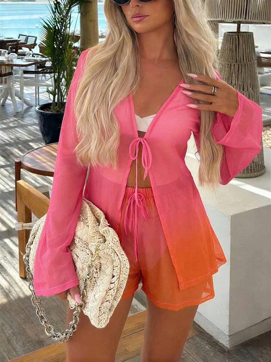 Bonvoyette 2026 New Women's Summer Beach Vacation Long Sleeve T-Shirt Cover Up Midi Ombre Drawstring Shorts 2 Pieces Set - Pink - View 1