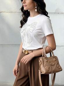 Anewsta Women's Elegant And Fashionable Rhinestone Embellished T-Shirt, Suitable For Daily Commute Rhinestone Tops Women's Graphic Tees - White - View 4