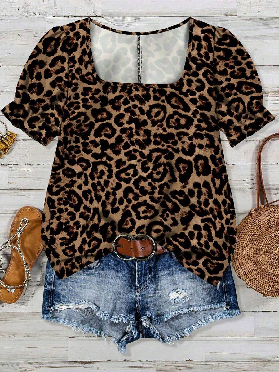 EMERY ROSE Áo kiểu nữ cỡ lớn, phong cách tối giản lãng mạn, họa tiết da báo, thích hợp cho mùa hè. - Nhiều màu - Xem 1