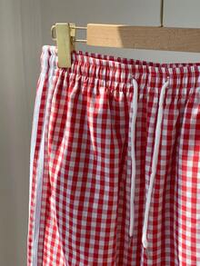 Comfortcana Women's Drawstring Waist Side Striped Plaid Wide Leg Loose Pants - Red - View 4