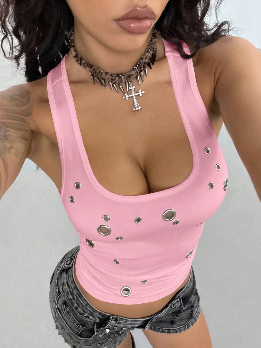 SHEIN HypeZone Top ajustado de mujer con cuello cuadrado y diseño de ojetes estilo punk - Rosa Pálido - Ver 1