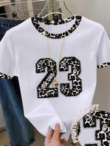 少女休闲时尚复古豹纹仿水钻设计，23号豹纹领时尚衬衫，夏季装扮 - 彩色 - 查看 1