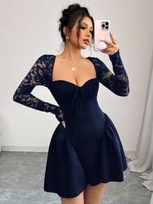 Glamine Đầm dạ hội SXY màu trắng ren tay dài kiểu công chúa, đầm ngắn gợi cảm; Trang phục nữ mùa thu; Đầm dự tiệc ngày lễ; Đầm đêm giao thừa; Trang phục nữ đón năm mới, đầm ngắn ngày Valentine, đầm ngắn mùa xuân/hè, phối đen trắng. - Xanh đậm - Xem 5