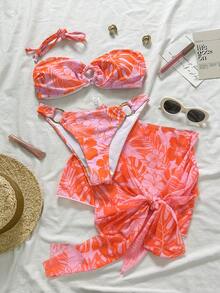 Swim Vcay 3件套女士泳衣比基尼泳装迷你连衣裙罩衫夏季棕榈热带印花四季皆宜的时尚套装，派对、约会必备，完美搭配音乐节和街头服饰，节日时尚 | 泳池和度假 | 蕾丝上衣，女士上衣，女士泳装 - 橘色 - 查看 2