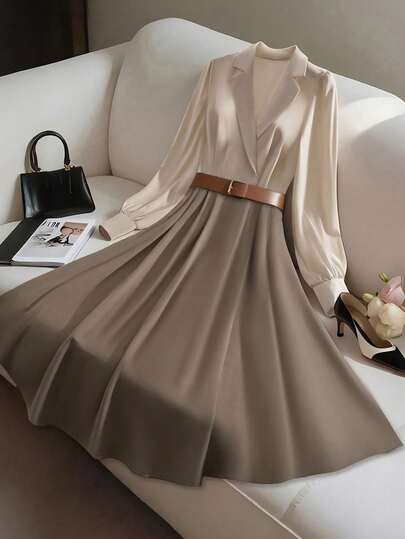 GlowEve CURVE 女士撞色拼接A字优雅日常通勤时尚法式街头复古百搭商务度假长袖衬衫裙，秋冬款