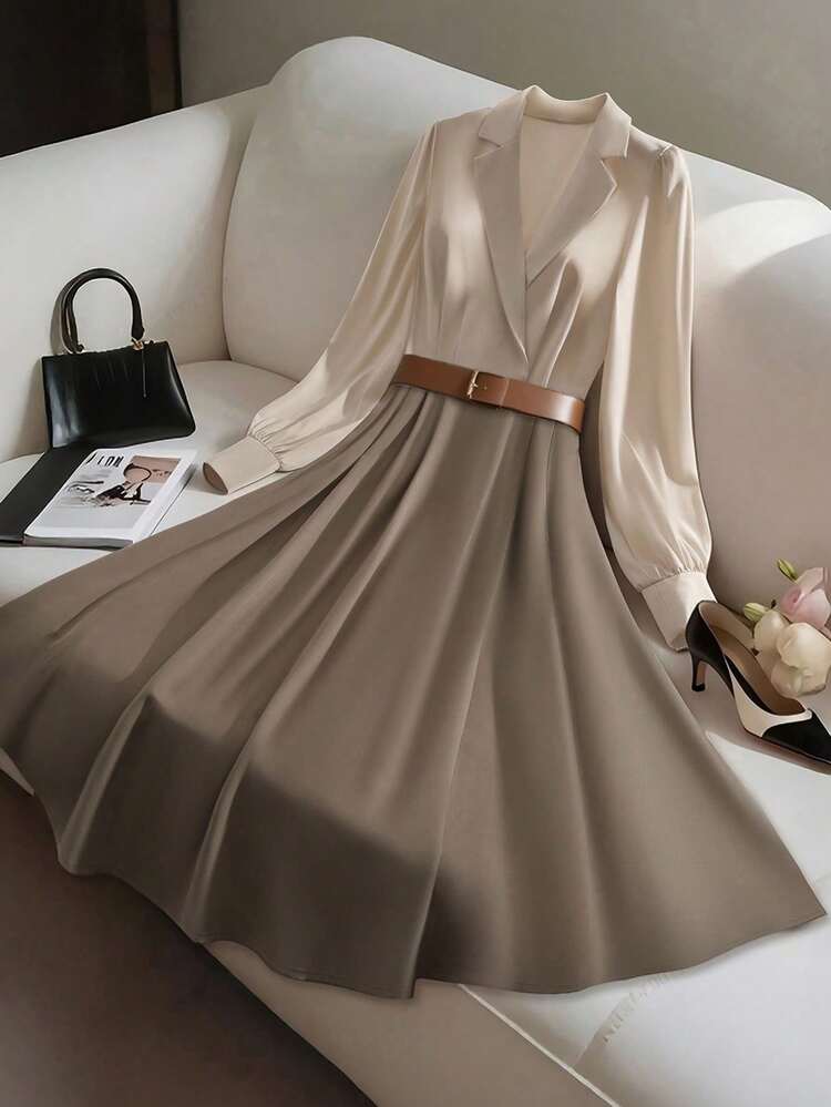 GlowEve CURVE Vestido camisa de manga larga con bloque de color, parches y corte evasé, elegante para uso diario, estilo francés vintage, versátil para negocios y vacaciones, otoño/invierno - Multicolor - Añade 4