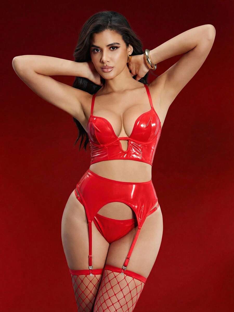 EmpressEnvy Hollow Out Detail Pu Leather Sexy Lingerie Set, Going Out - Red - View 1