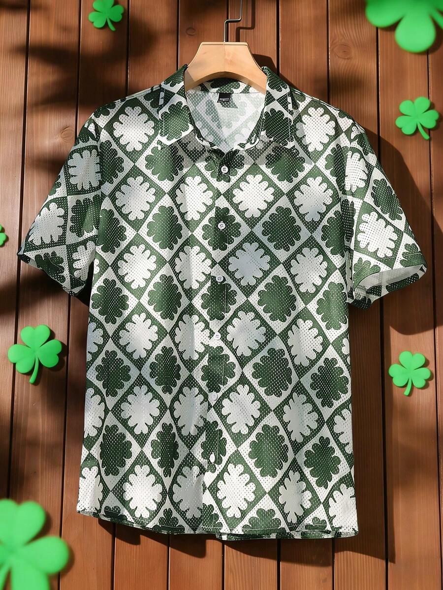 Manfinity Homme 男士休闲全印花衬衫，时尚日常穿着绿色图案衬衫，男士绿白衬衫，男士绿色夏威夷衬衫，绿色图案衬衫，男士短袖衬衫，男士复古风格，日常休闲，周末旅行，户外活动，探险旅行，轻松的工作环境或半正式场合，男友/丈夫礼物，周年纪念/生日礼物，派对，夏季假期，婚礼，春夏交替，狂欢节，男士节日三叶草印花短袖Polo衫，圣帕特里克节 - 彩色 - 查看 1