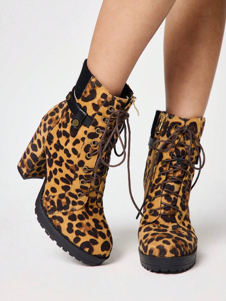 ROMWE Grunge Punk 女士豹纹时尚日常通勤铆钉搭扣高跟踝靴 - 彩色 - 查看 1