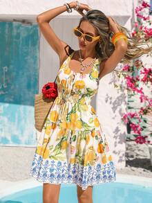 Vivid Eden Women's White And Yellow Summer Boho Beach Vacation Holiday Square Neck Knot Cinched Waist Citrus Fruit Lemon Print Dress Tropical Outfit,Graduation - Yellow - View 11