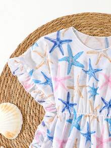 Vestido de playa con volantes y estampado aleatorio de estrella de mar para niñas pequeñas - Multicolor - Ver 4