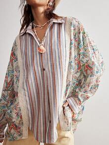 Bohemela Women's Casual Boho Woven Patchwork Long Sleeve Loose Blouse For Summer Holiday Vacation Beige - Multicolor - View 3