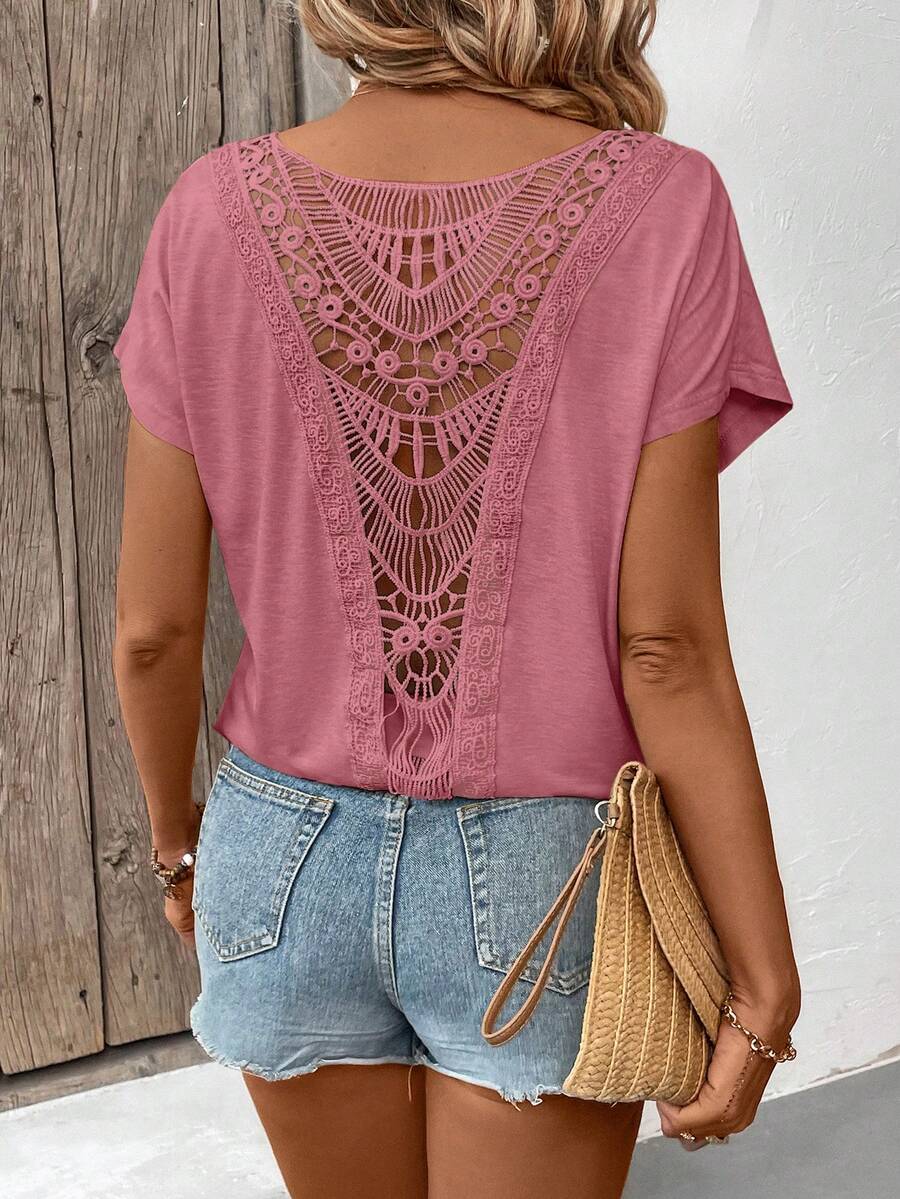 Breezaya 女士纯色圆领蝙蝠袖短袖镂空露背休闲T恤 - 紅色 - 查看 1