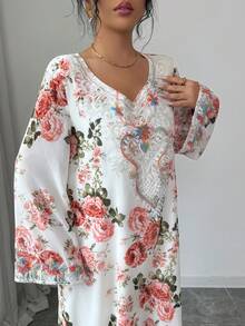 Yasmyna Vestido maxi de gasa holgado con estampado floral de cuentas y rhinestones, estilo árabe romántico para vacaciones - Multicolor - Ver 5