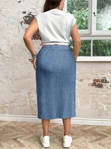 EMERY ROSE סט 2 יחידות: אפקט לב וג'ינס מקרית בגזרה רופפת טופ וחצאית לנשים במידות גדולות, מתאים לסתיו/חורף - כחול ולבן - ראה 2