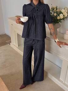 Livesso Spring & Summer Loose Casual Raw Denim Shirt And Wide Leg Jeans Set, Women's Old Money Luxury Denim Outfit - Blue - View 4