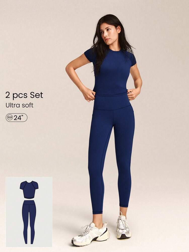2 Pieces Everyday Glow Ultra-Soft Lightweight Stretchy Short-Sleeve Crew Neck Crop Top & FeatherFit™ Leggings Set Low Impact Daily Casual Street Wear
