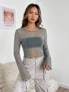 SHEIN EZwear 黑色荷叶边薄纱网眼上衣，无抹胸款式 - 銀色 - 查看 4