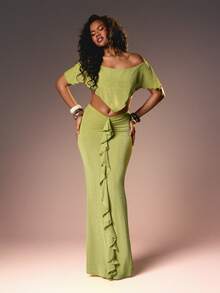 MISSGUIDED Lime Ribbed Knit Ruffle Maxi Skirt High Waisted Bodycon Long Column Skirt With Side Ruffle Detail For Summer Party Occasions - Olive Green - View 5