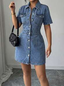 EURMUSE Women's Single-Breasted Short Sleeve Denim Dress - Medium Wash - View 4