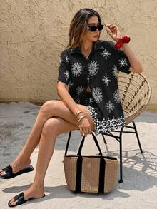 SHEIN Frenchy 女士复古前扣宽松休闲衬衫和短裤两件套 - 黑色 - 查看 6