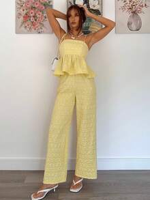 Siren Gaze 2件套女士优雅提花吊带背心和裤子套装，夏季 - 黃色 - 查看 2
