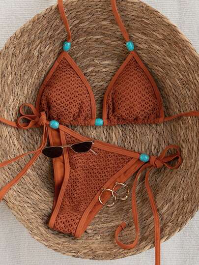  Swim Mod-D 女士纯色细肩带串珠后背系带侧系带两件式泳衣