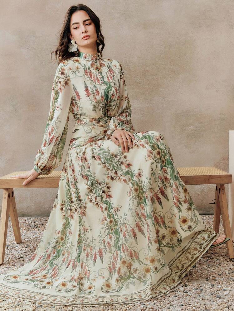New French Style Elegant Floral Print High Collar Cinched Waist Luxurious Design Youthful Graceful Maxi Dress
