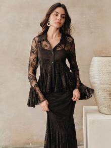 Anewsta 2026春夏新款女士蕾丝吊带衬衫，宽松喇叭袖，半透明荷叶边下摆，收腰设计，时尚显瘦的优雅上衣 - 巧克力棕 - 查看 7