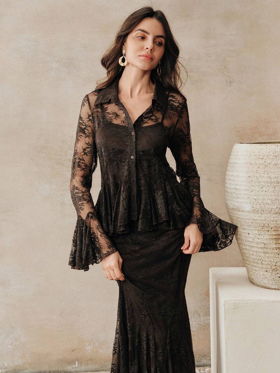 Anewsta Elegant Lace Patchwork Sheer Flare Sleeve Shirt , Graceful Office Lady, Suitable For Valentine's Day