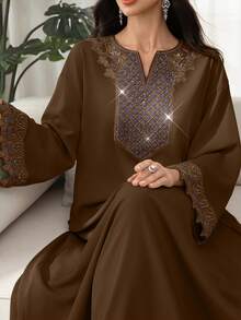 SHEIN Najma Elegantes Kleid mit V-Ausschnitt, Glockenärmeln und Perlendekor mit Blumenmuster, Frühling/Sommer - Kaffeebraun - Übersicht 4