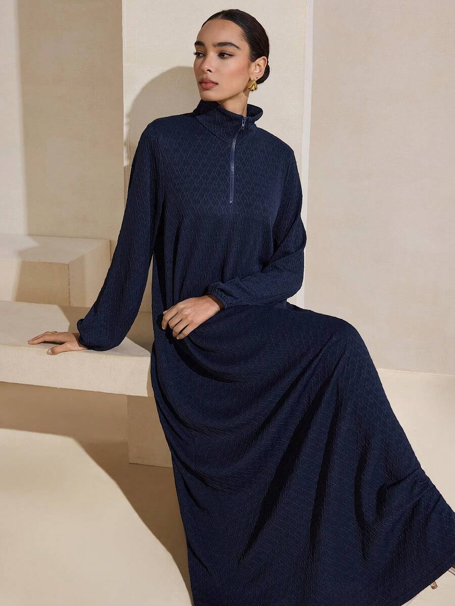 Graceveil Casual Loose Textured Fabric Women's Navy Blue Arabic Style Dress - Blue - View 1