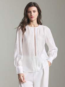 Ontre 2026春夏女士醋酸纤维亚麻混纺镂空刺绣圆领长袖衬衫，都市通勤办公商务休闲装，派对聚会基础款上衣，夏季上衣，情人节上衣，优雅女士衬衫 - 白色 - 查看 5