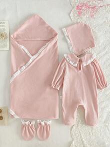 SHEIN 4件套新生儿婴儿服装套装，可爱彼得潘领白色蕾丝连体衣配帽子、毯子和手套 - 淺粉色 - 查看 2