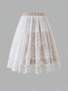 Tween Girls' Summer Vacation Contrast Lace Elastic Waist Skirt - Apricot - View 2