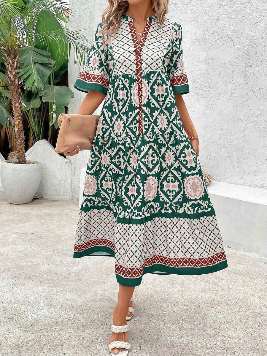 EMERY ROSE 女士复古宽松休闲连衣裙，夏季长款女装 - 墨綠色 - 查看 1