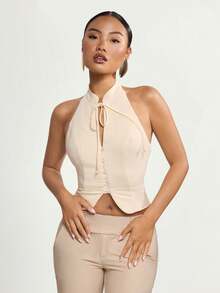 SHEIN ICON Retro Chinese Style Mandarin Collar Button-Up Tie-Waist Halter Top - Beige - View 1
