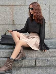 FRIFUL Women's Solid Black Sheer Patchwork Flare Sleeve Pleated Loose Casual Versatile Blouse - Black - View 2