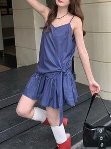 K-Vae 女士格子吊带连衣裙，宽松系带鱼尾下摆设计，休闲夏季款 - 藏蓝色 - 查看 6