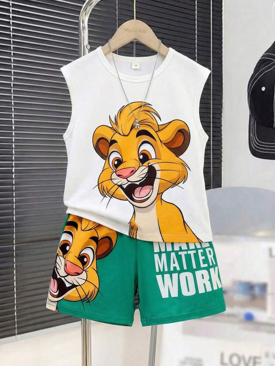 2pcs/Set Kids Boy Cartoon Lion Printed Sleeveless Tank Top+Shorts Outfit,Summer,Matching,Family Vacation White TopGreen Shorts Daily School Wear - White - View 1