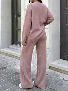 SHEIN Tall Mock Neck Casual Drop Shoulder Sweater & Knit Pants Sets Casual Comfortable Two Piece Set - Baby Pink - View 2
