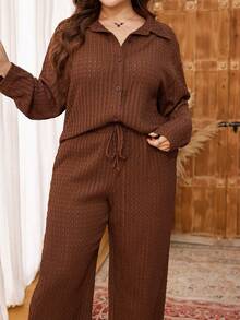 Lacomfia Plus Size Vintage Textured Shirt Set, Slimming 2 Pieces Outfit For Autumn/Winter - Brown - View 4