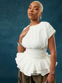 Vixey Solid Woven Round Neck Ruched Short Sleeve Layered Peplum Top - White - View 3