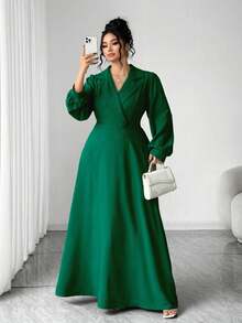 Elenzga 大码女式绿色优雅收腰A字灯笼袖连衣裙，成熟收腰连衣裙，适合外出、派对、街头穿着，也适合返校、毕业、假期、情人节等场合。 - 墨綠色 - 查看 4