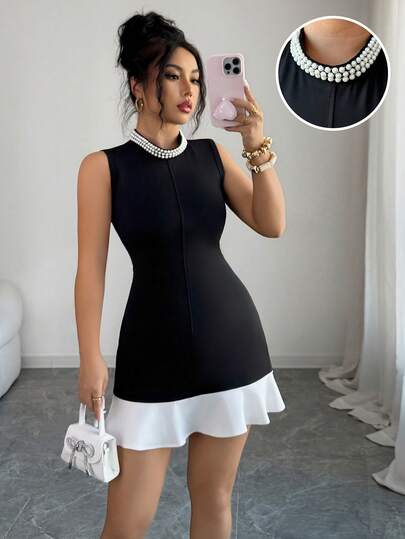 Elenzga Women's Elegant Office Dress, Black & White Patchwork Knit Sleeveless Short Dress With Pearl Decor, Summer