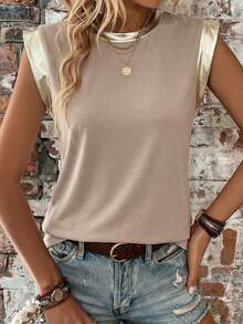 EMERY ROSE Khaki Gold Foil Collar Women's Round Neck Cap Sleeve Casual T-Shirt - Multicolor - View 1
